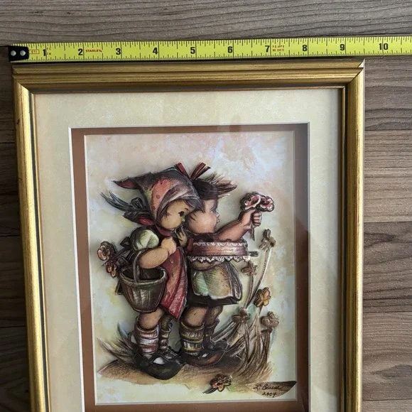 VTG 3D Decoupage Hummel Style Framed Art Two Children Artist Signed Cottagecore - Picture 7 of 14